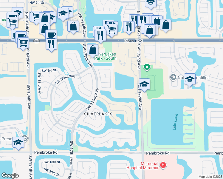 map of restaurants, bars, coffee shops, grocery stores, and more near 661 Southwest 176th Avenue in Pembroke Pines