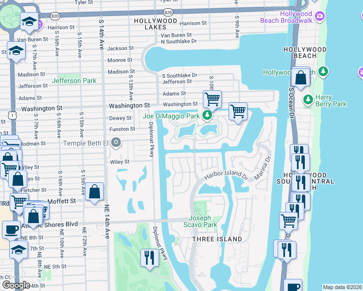 map of restaurants, bars, coffee shops, grocery stores, and more near 1240 Harbor Court in Hollywood