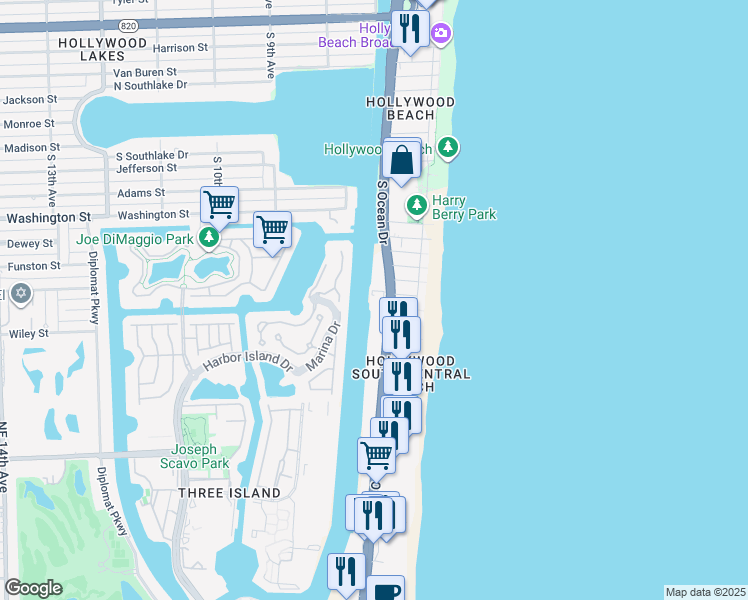 map of restaurants, bars, coffee shops, grocery stores, and more near 12 Greenbriar Terrace in Hollywood