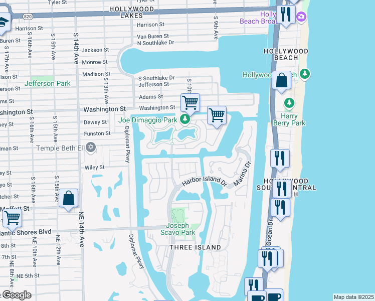 map of restaurants, bars, coffee shops, grocery stores, and more near 996 Sanibel Drive in Hollywood