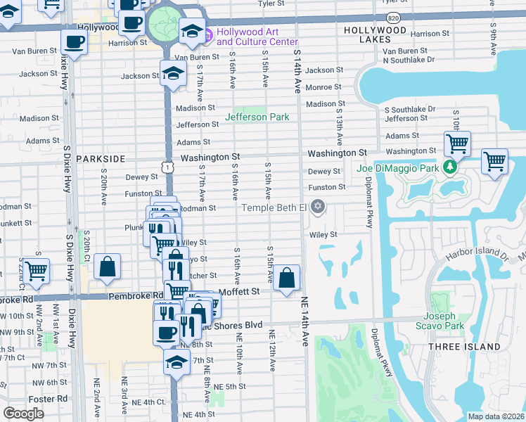 map of restaurants, bars, coffee shops, grocery stores, and more near 1523 Plunkett Street in Hollywood