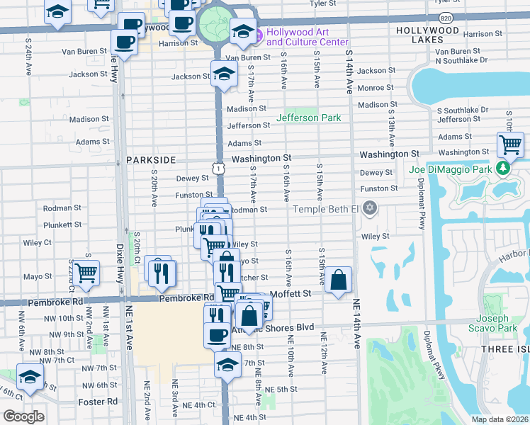 map of restaurants, bars, coffee shops, grocery stores, and more near 1646 Rodman Street in Hollywood