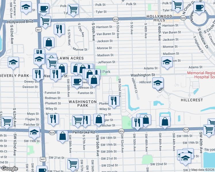 map of restaurants, bars, coffee shops, grocery stores, and more near 5300 Washington Street in Hollywood