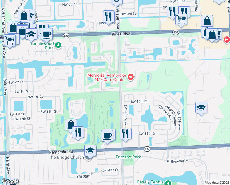 map of restaurants, bars, coffee shops, grocery stores, and more near 8900 Washington Street in Pembroke Pines