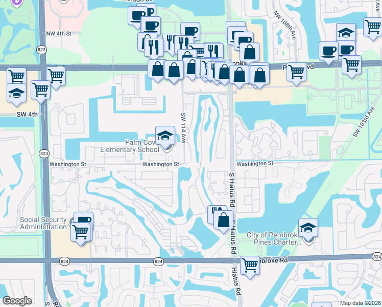 map of restaurants, bars, coffee shops, grocery stores, and more near 1294 Southwest 113th Way in Pembroke Pines