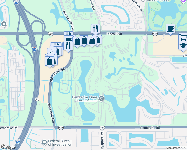 map of restaurants, bars, coffee shops, grocery stores, and more near 801 Southwest 138th Avenue in Pembroke Pines