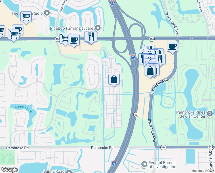 map of restaurants, bars, coffee shops, grocery stores, and more near 700 Southwest 148th Avenue in Pembroke Pines