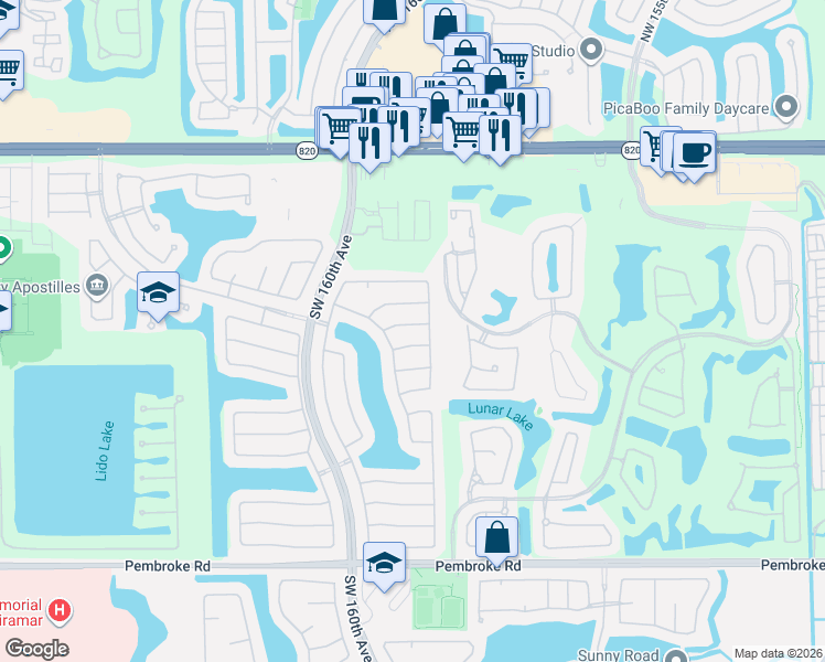 map of restaurants, bars, coffee shops, grocery stores, and more near 15959 Southwest 6th Street in Pembroke Pines