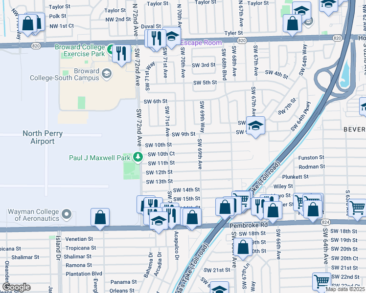 map of restaurants, bars, coffee shops, grocery stores, and more near 6961 Southwest 10th Court in Pembroke Pines