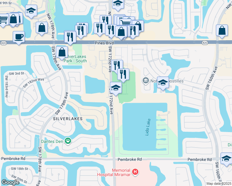 map of restaurants, bars, coffee shops, grocery stores, and more near 501 Southwest 172nd Avenue in Hollywood