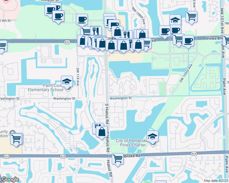 map of restaurants, bars, coffee shops, grocery stores, and more near 11133 Southwest 8th Street in Pembroke Pines