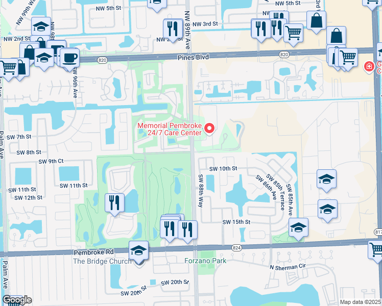 map of restaurants, bars, coffee shops, grocery stores, and more near 910 Southwest 88th Way in Pembroke Pines