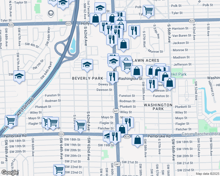 map of restaurants, bars, coffee shops, grocery stores, and more near 6010 Dawson Street in Hollywood