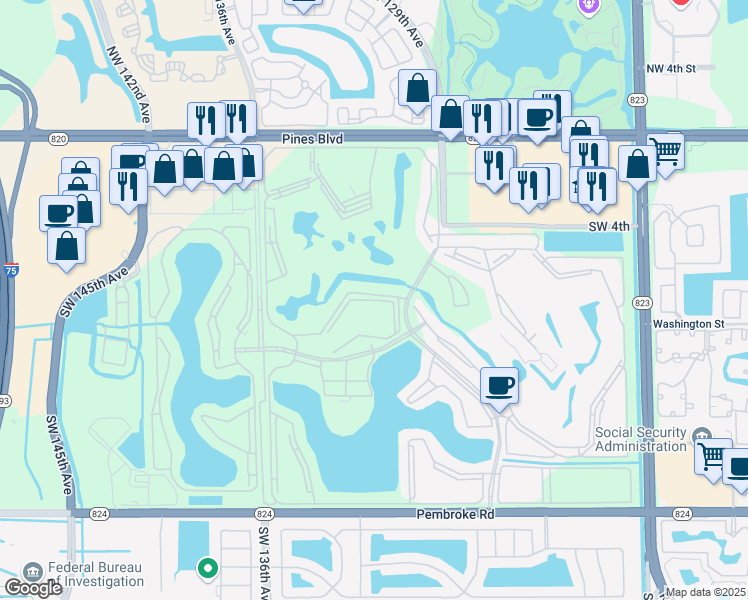 map of restaurants, bars, coffee shops, grocery stores, and more near 13250 Southwest 7th Court in Pembroke Pines