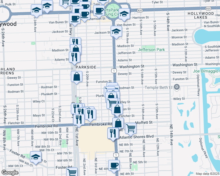 map of restaurants, bars, coffee shops, grocery stores, and more near 1815 Rodman Street in Hollywood