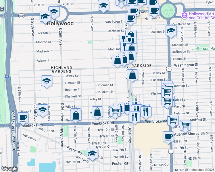 map of restaurants, bars, coffee shops, grocery stores, and more near 2243 Plunkett Street in Hollywood