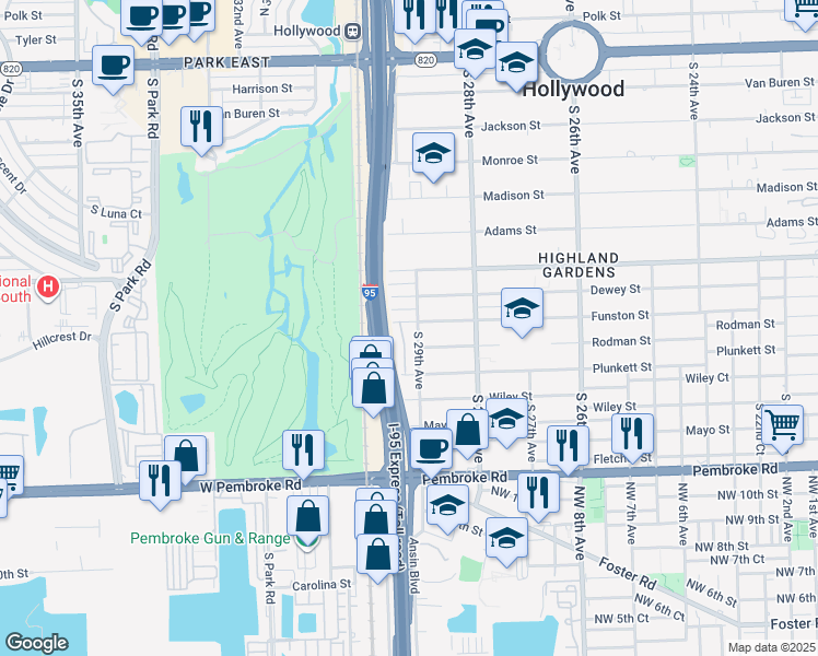 map of restaurants, bars, coffee shops, grocery stores, and more near 2918 Funston Street in Hollywood