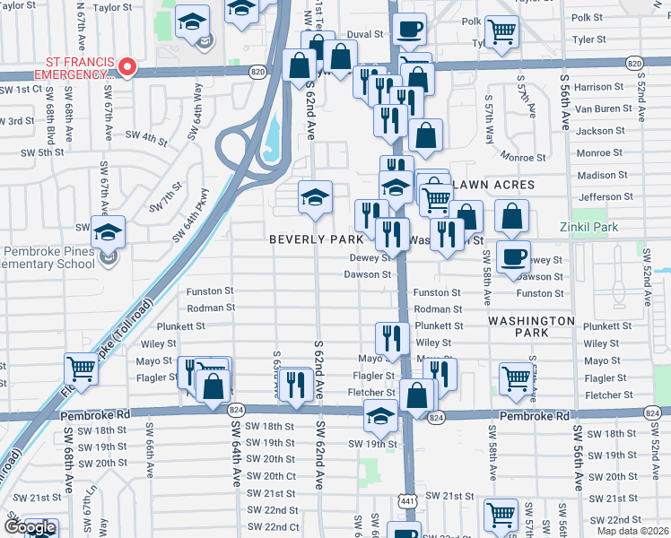 map of restaurants, bars, coffee shops, grocery stores, and more near 6140 Dawson Street in Hollywood