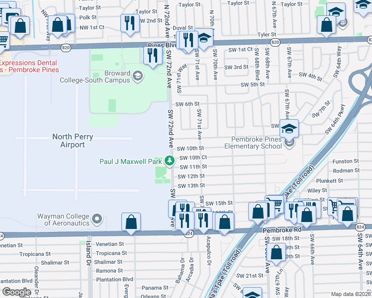 map of restaurants, bars, coffee shops, grocery stores, and more near 7161 Southwest 10th Court in Pembroke Pines