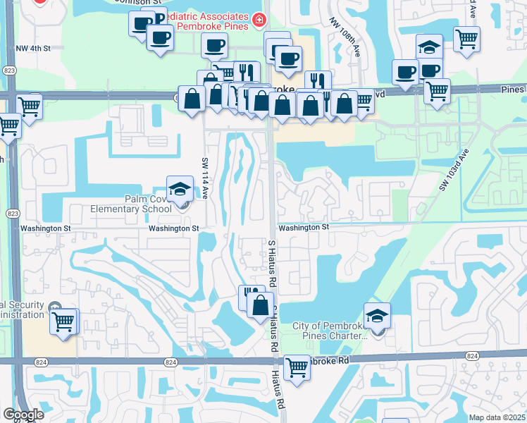 map of restaurants, bars, coffee shops, grocery stores, and more near 821 Southwest 113th Avenue in Pembroke Pines