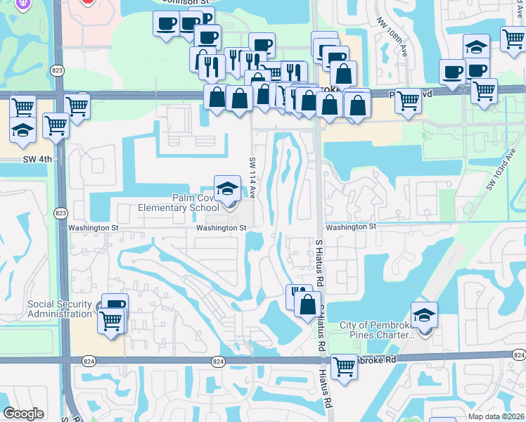 map of restaurants, bars, coffee shops, grocery stores, and more near 1294 Southwest 113th Way in Pembroke Pines