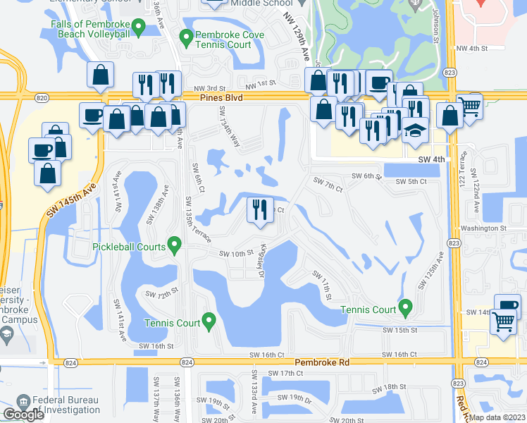 map of restaurants, bars, coffee shops, grocery stores, and more near 13250 Southwest 7th Court in Pembroke Pines