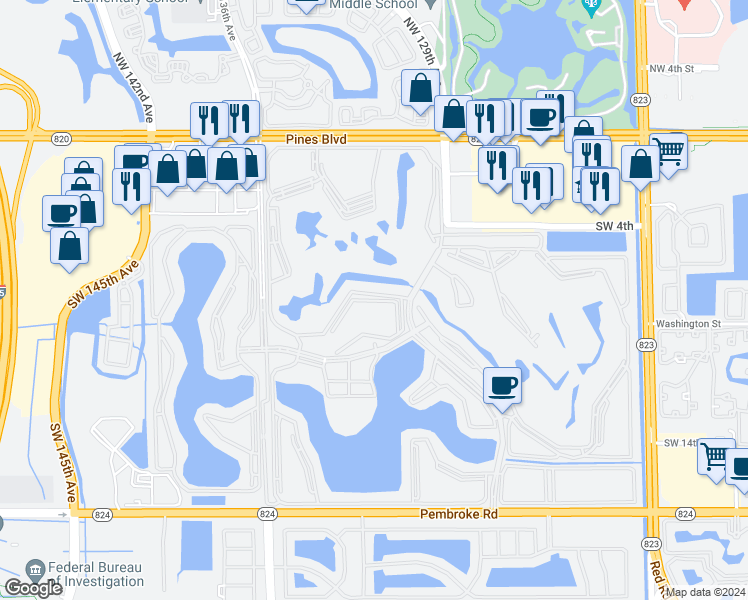 map of restaurants, bars, coffee shops, grocery stores, and more near 13250 Southwest 7th Court in Pembroke Pines