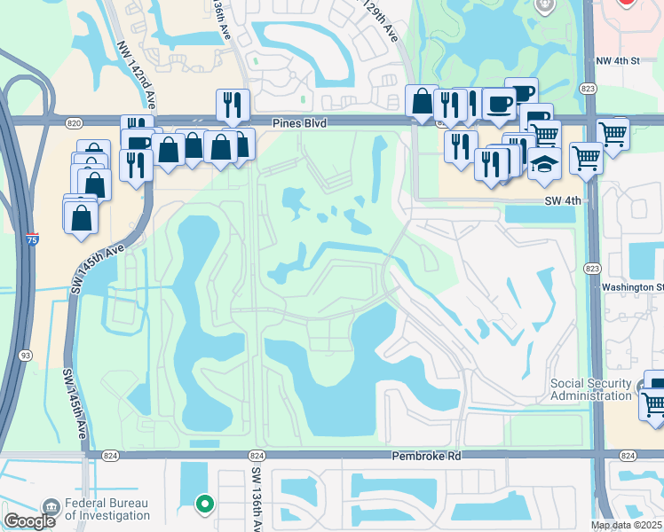 map of restaurants, bars, coffee shops, grocery stores, and more near 13250 Southwest 7th Court in Pembroke Pines