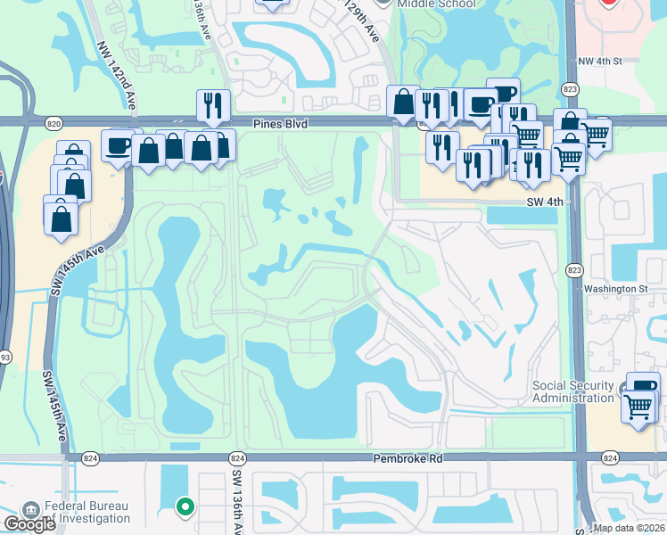 map of restaurants, bars, coffee shops, grocery stores, and more near 13250 Southwest 7th Court in Pembroke Pines