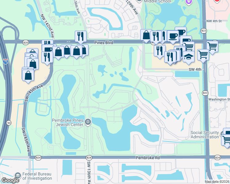 map of restaurants, bars, coffee shops, grocery stores, and more near 850 Southwest 133rd Terrace in Pembroke Pines
