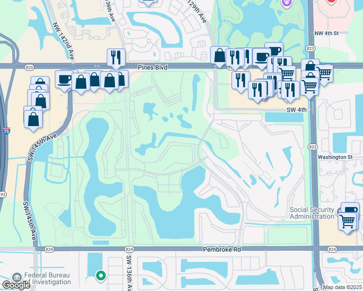 map of restaurants, bars, coffee shops, grocery stores, and more near 13250 Southwest 7th Court in Pembroke Pines