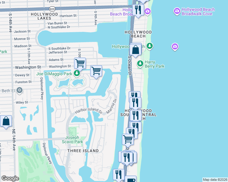 map of restaurants, bars, coffee shops, grocery stores, and more near 802 Spinnaker Drive East in Hollywood