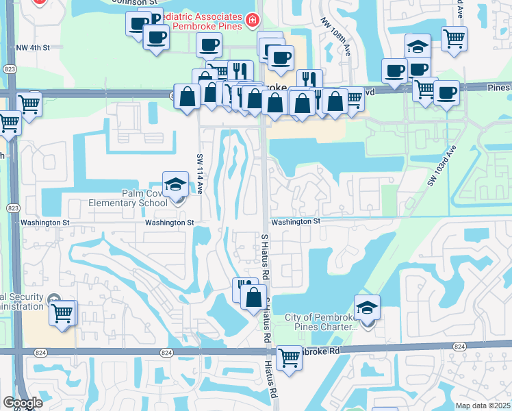 map of restaurants, bars, coffee shops, grocery stores, and more near 821 Southwest 113th Avenue in Pembroke Pines