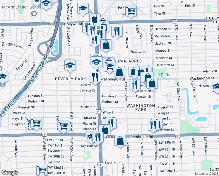 map of restaurants, bars, coffee shops, grocery stores, and more near 5844 Dawson Street in Hollywood