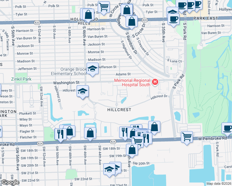 map of restaurants, bars, coffee shops, grocery stores, and more near 1036 Banyan Drive in Hollywood