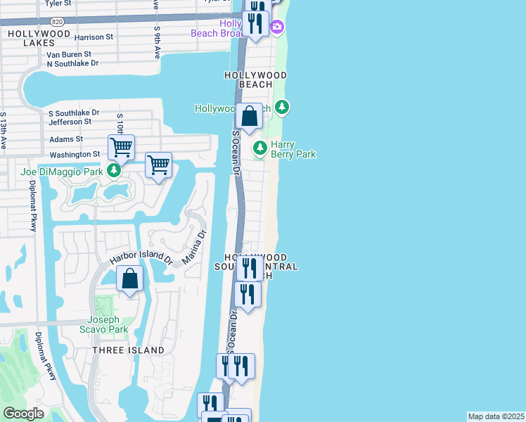map of restaurants, bars, coffee shops, grocery stores, and more near 1801 South Surf Road in Hollywood