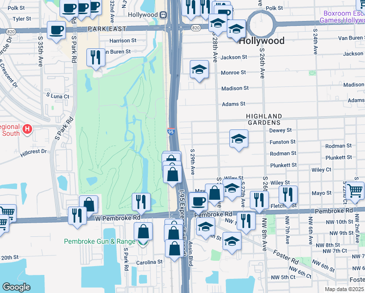 map of restaurants, bars, coffee shops, grocery stores, and more near 2918 Funston Street in Hollywood