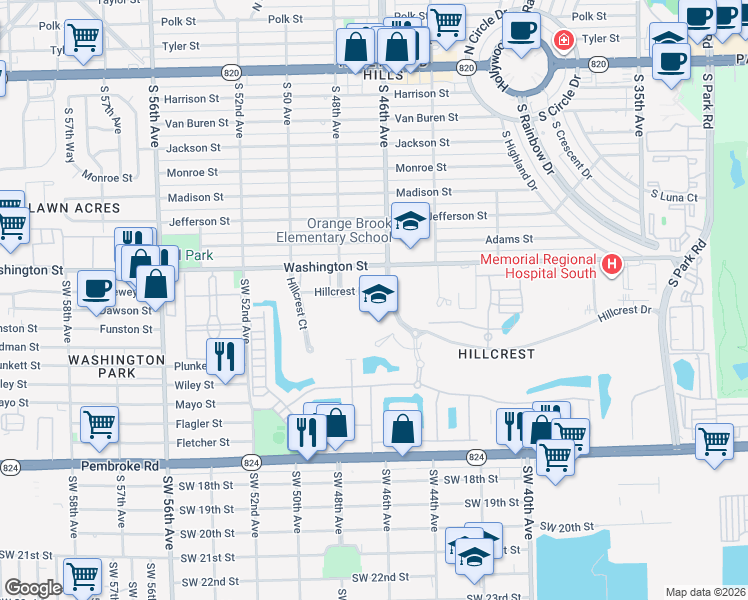 map of restaurants, bars, coffee shops, grocery stores, and more near 950 Hillcrest Drive in Hollywood