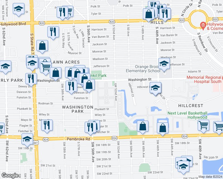 map of restaurants, bars, coffee shops, grocery stores, and more near 5300 Washington Street in Hollywood