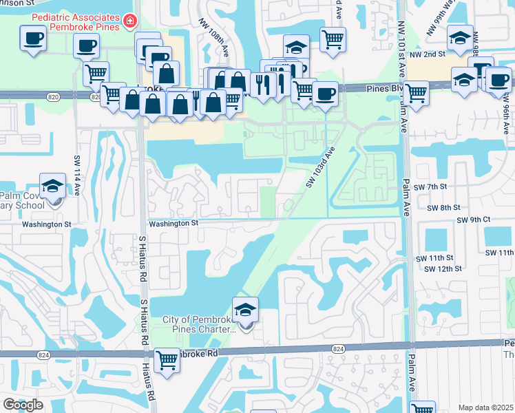 map of restaurants, bars, coffee shops, grocery stores, and more near 10612 Southwest 8th Street in Pembroke Pines
