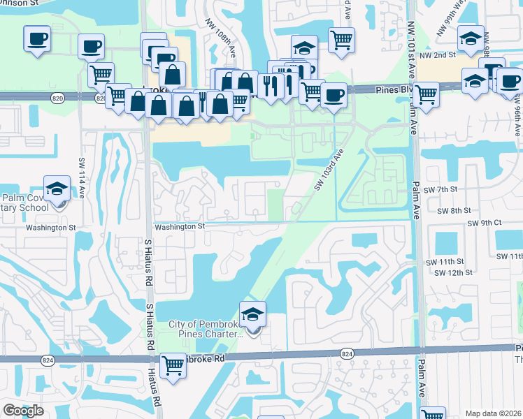 map of restaurants, bars, coffee shops, grocery stores, and more near 10612 Southwest 8th Street in Pembroke Pines