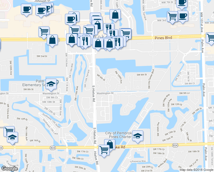map of restaurants, bars, coffee shops, grocery stores, and more near 11057 Southwest 8th Street in Pembroke Pines