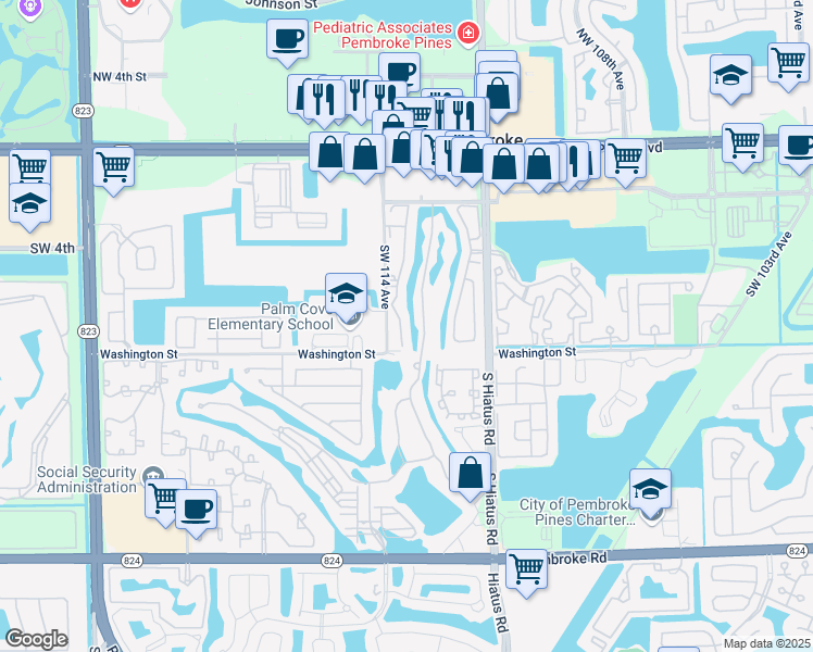 map of restaurants, bars, coffee shops, grocery stores, and more near 1294 Southwest 113th Way in Pembroke Pines