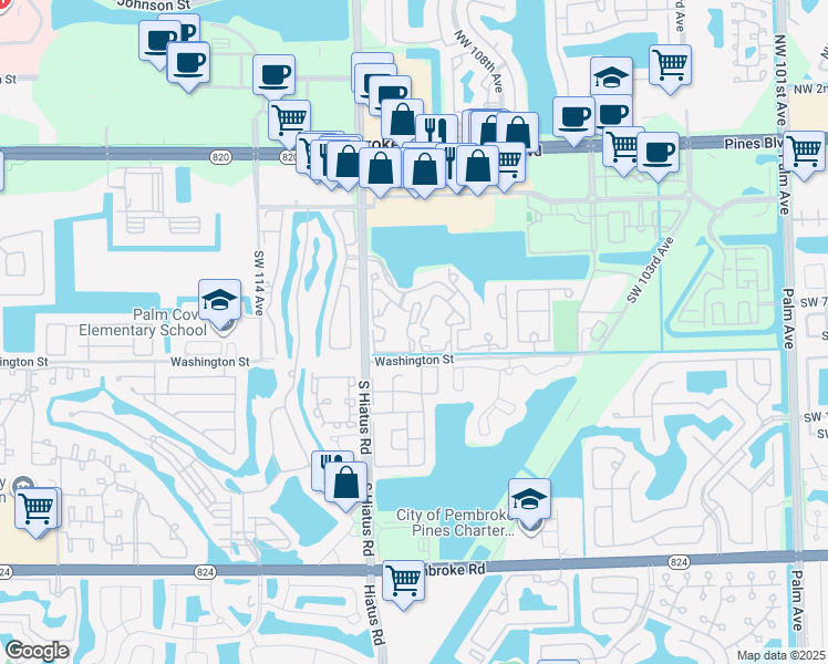 map of restaurants, bars, coffee shops, grocery stores, and more near 11057 Southwest 8th Street in Pembroke Pines
