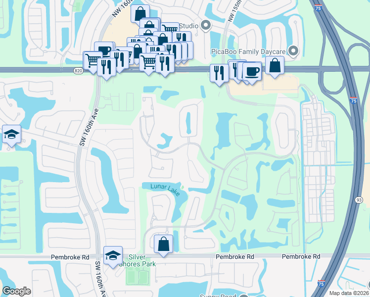 map of restaurants, bars, coffee shops, grocery stores, and more near 1013 Southwest 158th Avenue in Pembroke Pines