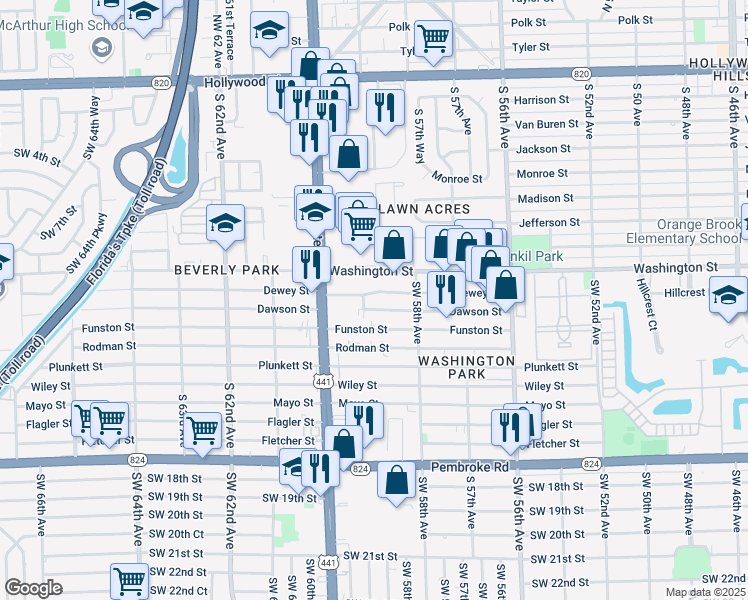 map of restaurants, bars, coffee shops, grocery stores, and more near 5844 Dawson Street in Hollywood