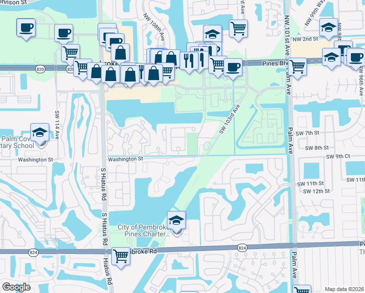 map of restaurants, bars, coffee shops, grocery stores, and more near 10612 Southwest 8th Street in Pembroke Pines