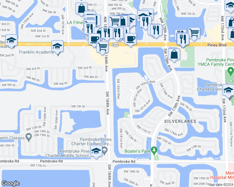 map of restaurants, bars, coffee shops, grocery stores, and more near 494 Southwest 183rd Way in Pembroke Pines