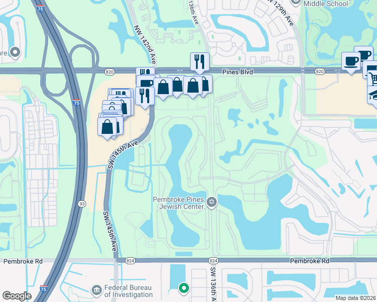 map of restaurants, bars, coffee shops, grocery stores, and more near 801 Southwest 138th Avenue in Pembroke Pines