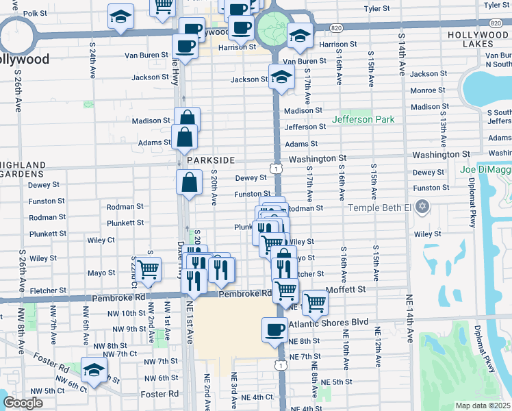 map of restaurants, bars, coffee shops, grocery stores, and more near 1815 Rodman Street in Hollywood